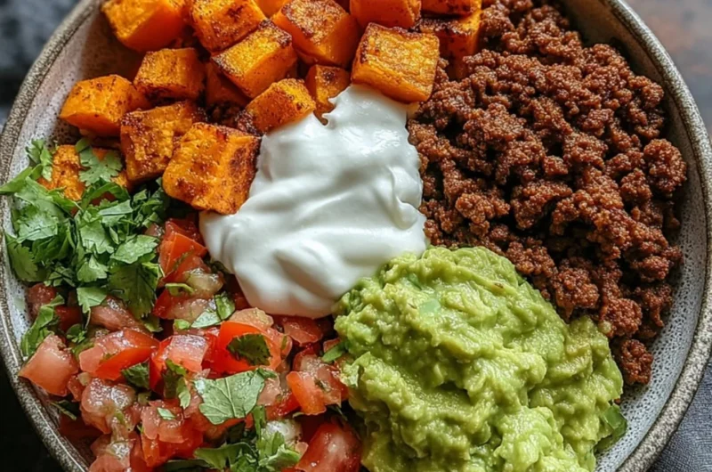 Delicious Sweet Potato Taco Bowl topped with fresh ingredients