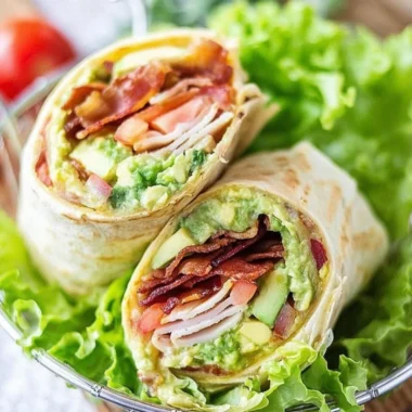 Turkey bacon wrap filled with fresh vegetables and savory turkey bacon.