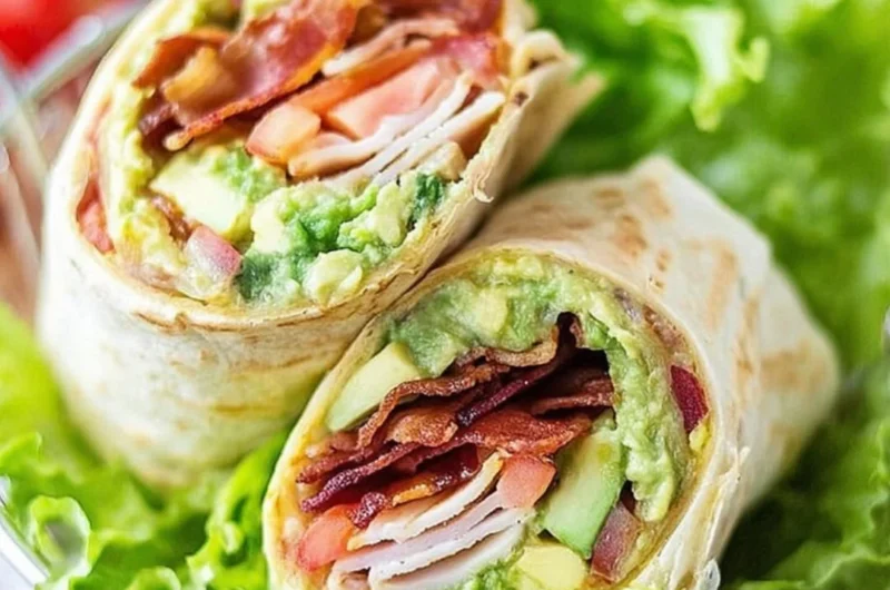 Turkey bacon wrap filled with fresh vegetables and savory turkey bacon.