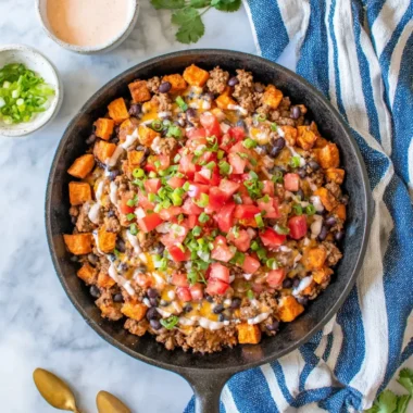 Healthy Turkey Sweet Potato Skillet with vegetables and spices
