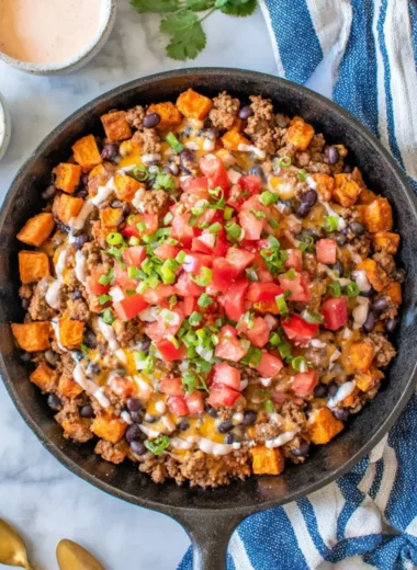 Healthy Turkey Sweet Potato Skillet with vegetables and spices
