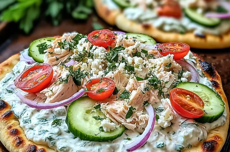 Delicious Tzatziki Chicken Pizza with toppings and tzatziki sauce
