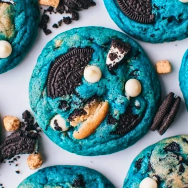 Delicious Ultimate Cookie Monster Cookies with chocolate chips and blue frosting