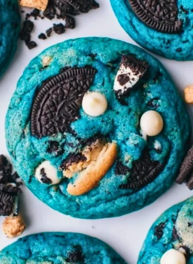 Delicious Ultimate Cookie Monster Cookies with chocolate chips and blue frosting