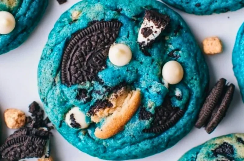 Delicious Ultimate Cookie Monster Cookies with chocolate chips and blue frosting