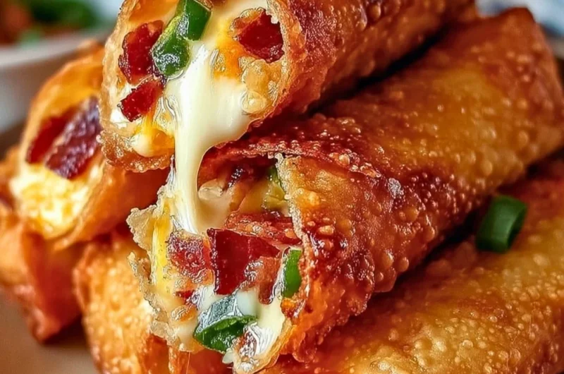 Delicious Bacon Jalapeño Popper Egg Rolls served with dipping sauce