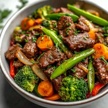 Beef stir fry with colorful vegetables in a stir-fry pan