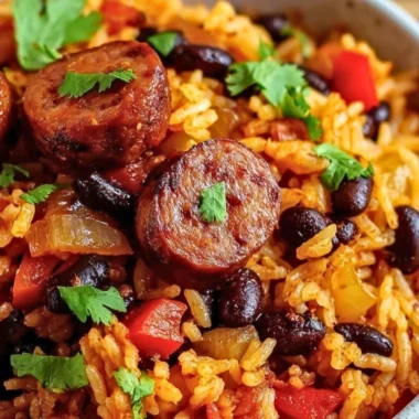 Delicious black beans and rice with sausage served on a plate