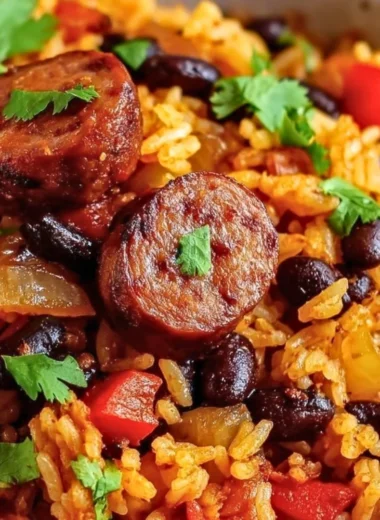 Delicious black beans and rice with sausage served on a plate