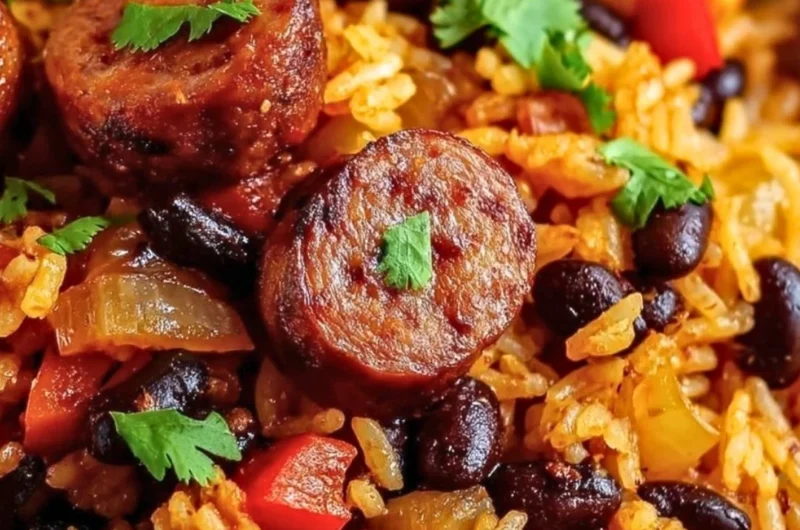 Delicious black beans and rice with sausage served on a plate