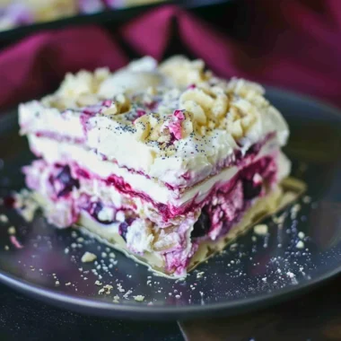 Blueberry Cream Cheesecake Lasagna dessert layered with creamy blueberry filling