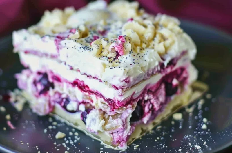 Blueberry Cream Cheesecake Lasagna dessert layered with creamy blueberry filling