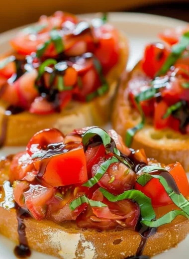 Delicious homemade bruschetta topped with tomatoes and basil
