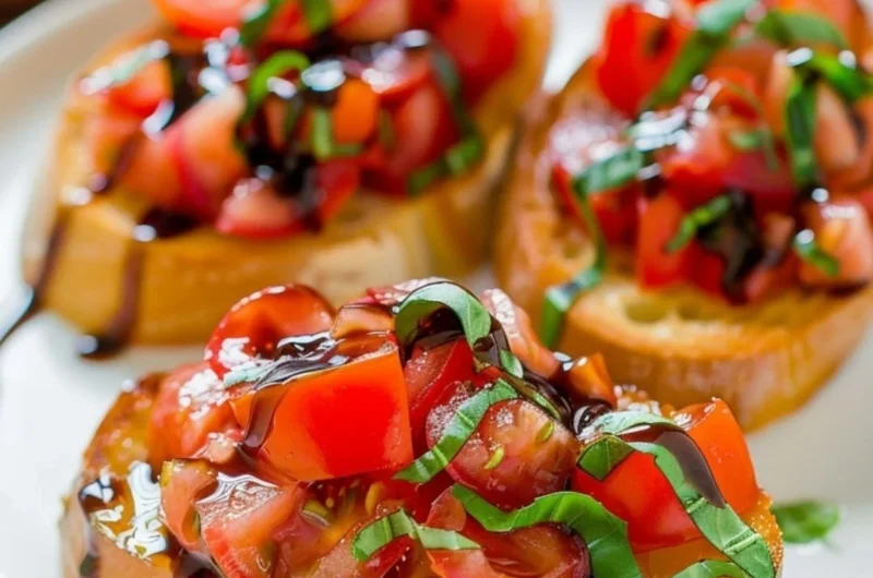 Delicious homemade bruschetta topped with tomatoes and basil