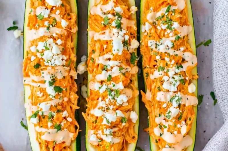 Buffalo chicken stuffed zucchini boats on a platter with toppings