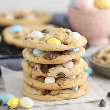 Delicious homemade Cadbury Egg Cookies with chocolate chunks and Easter eggs.