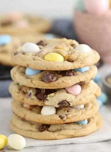 Delicious homemade Cadbury Egg Cookies with chocolate chunks and Easter eggs.