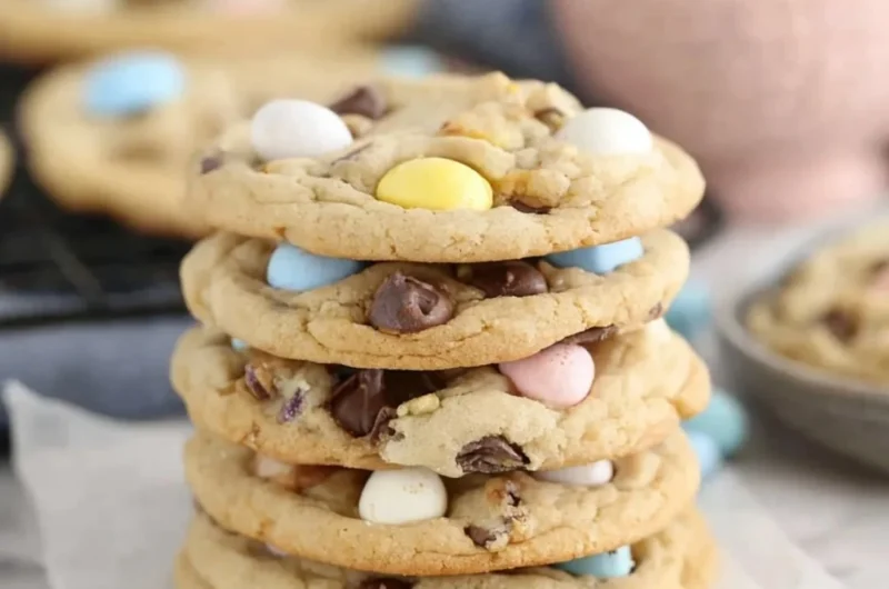 Delicious homemade Cadbury Egg Cookies with chocolate chunks and Easter eggs.