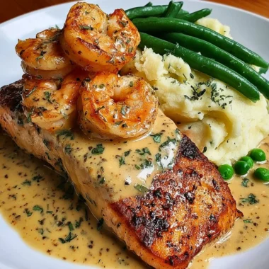 Cajun shrimp and salmon with garlic cream sauce served with mashed potatoes and green beans