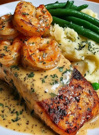 Cajun shrimp and salmon with garlic cream sauce served with mashed potatoes and green beans