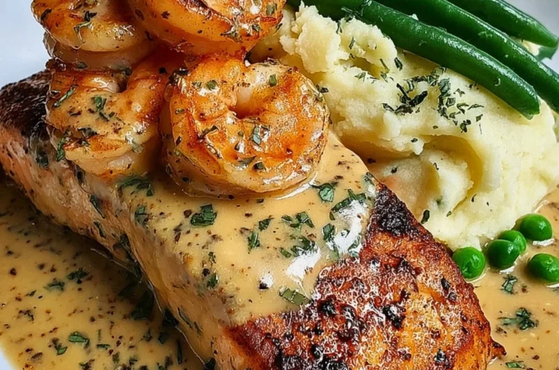 Cajun shrimp and salmon with garlic cream sauce served with mashed potatoes and green beans