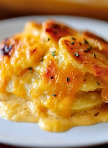Delicious cheesy potatoes dish baked to perfection with melted cheese