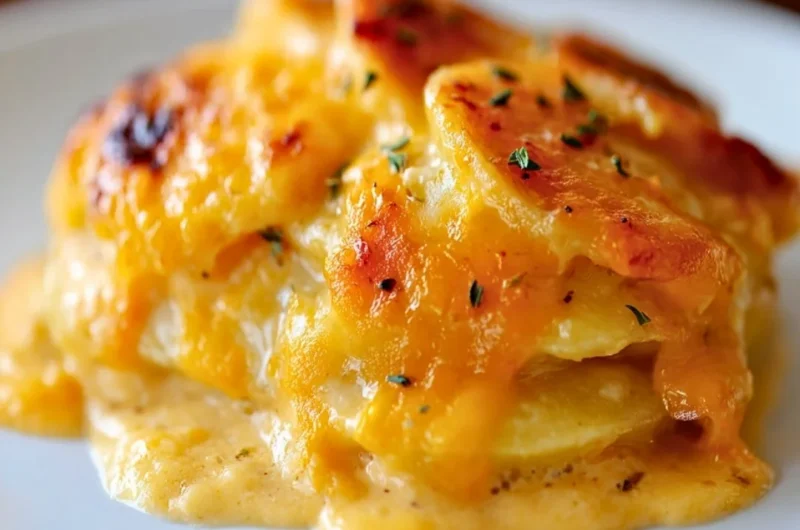 Delicious cheesy potatoes dish baked to perfection with melted cheese