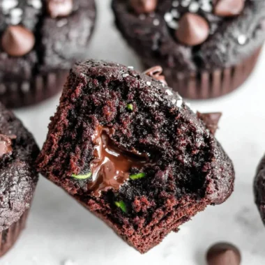 Gluten-free chocolate zucchini muffins on a white plate with chocolate chips