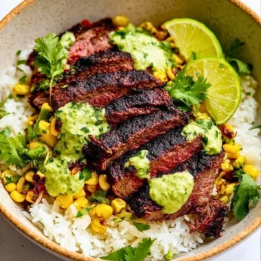 Cilantro lime steak bowls with rice, garnished with fresh cilantro and lime wedges.