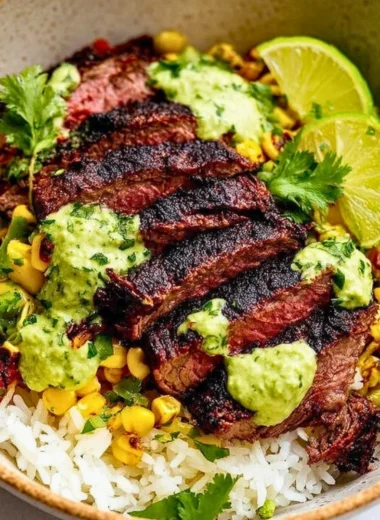 Cilantro lime steak bowls with rice, garnished with fresh cilantro and lime wedges.