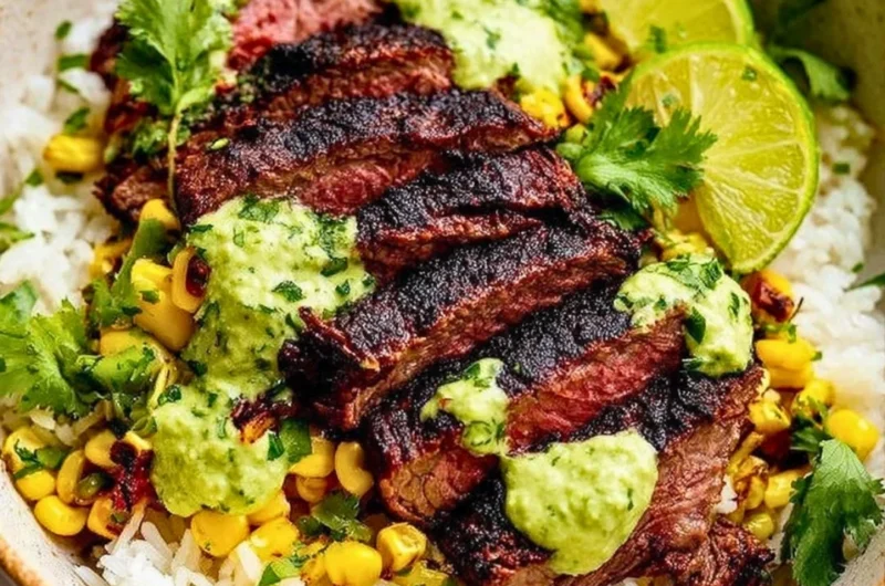 Cilantro lime steak bowls with rice, garnished with fresh cilantro and lime wedges.