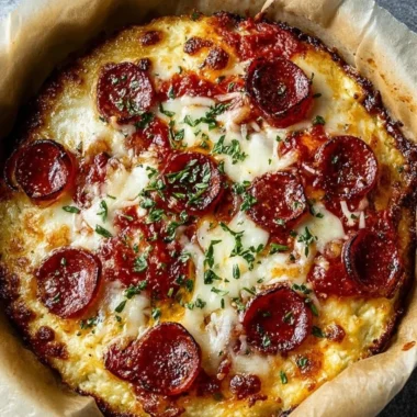 Healthy cottage cheese pizza bowl topped with fresh vegetables and herbs