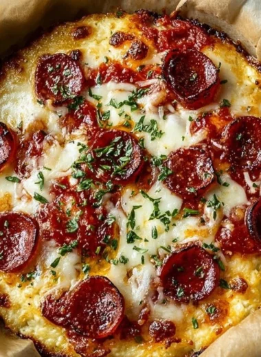 Healthy cottage cheese pizza bowl topped with fresh vegetables and herbs