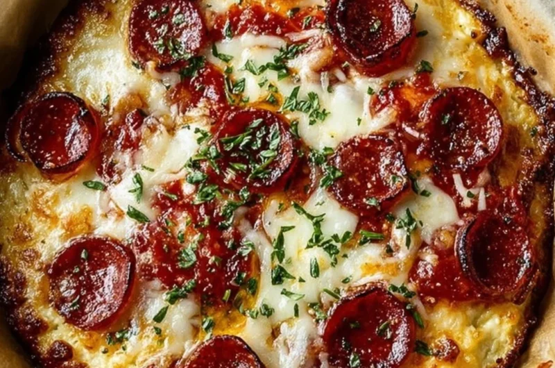 Healthy cottage cheese pizza bowl topped with fresh vegetables and herbs