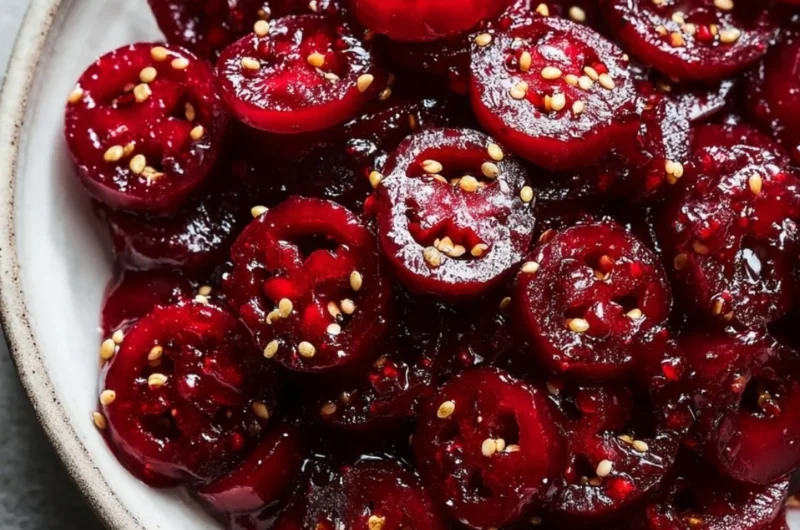 Cranberry Jalapeño Cowboy Candy in a jar, showcasing vibrant colors and textures