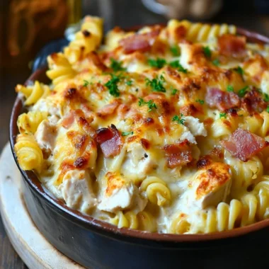 Delicious chicken pasta casserole baked with cheesy goodness and vegetables