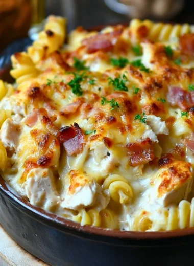 Delicious chicken pasta casserole baked with cheesy goodness and vegetables