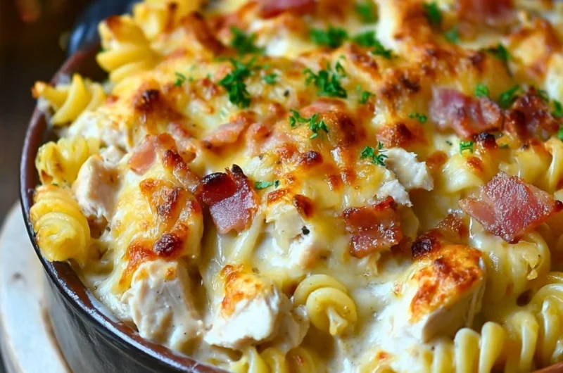 Delicious chicken pasta casserole baked with cheesy goodness and vegetables