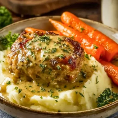 Creamy herb chicken dish with mashed potatoes and honey glazed carrots