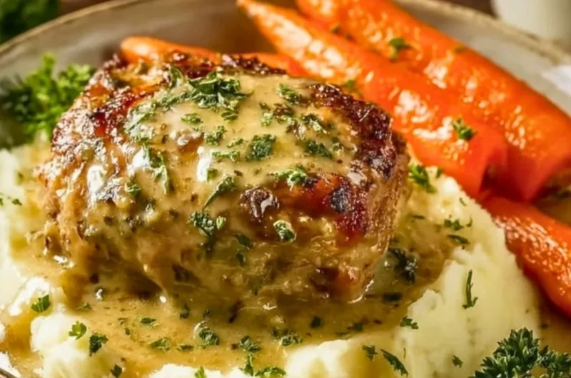 Creamy herb chicken dish with mashed potatoes and honey glazed carrots