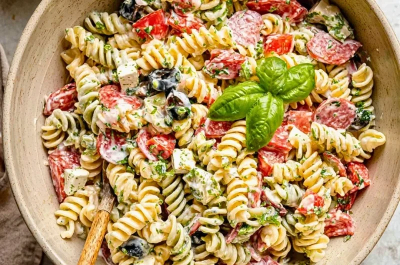 Creamy Italian pasta salad served in a bowl with fresh vegetables