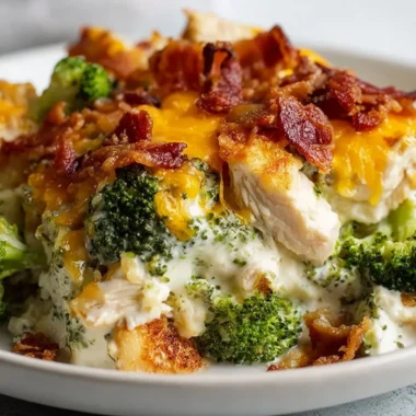Creamy low carb chicken casserole with broccoli and bacon ready to serve