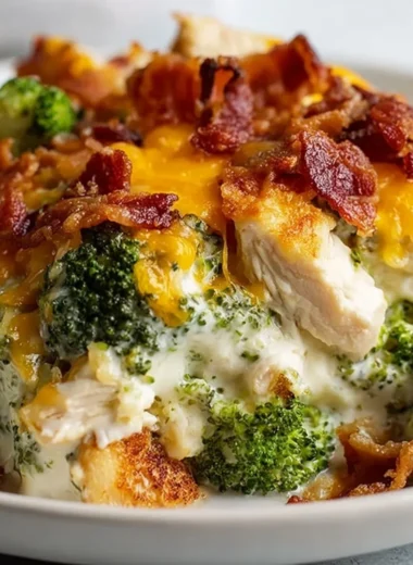 Creamy low carb chicken casserole with broccoli and bacon ready to serve
