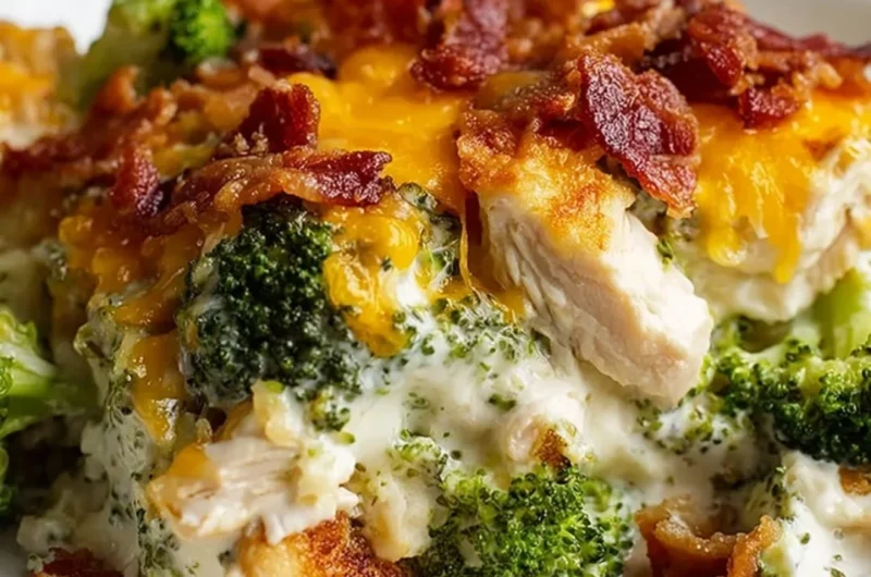 Creamy low carb chicken casserole with broccoli and bacon ready to serve