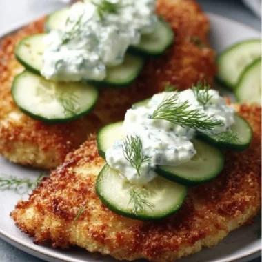 Crispy dill pickle parmesan chicken garnished with herbs on a plate