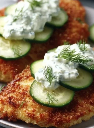 Crispy dill pickle parmesan chicken garnished with herbs on a plate