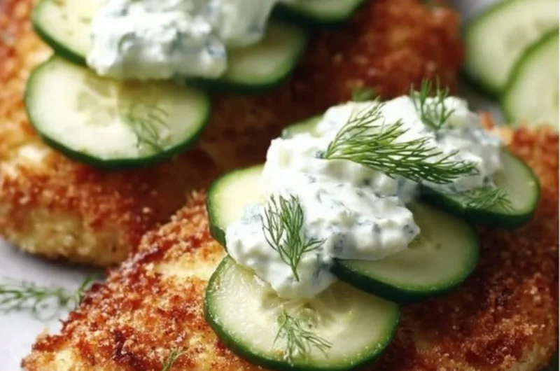 Crispy dill pickle parmesan chicken garnished with herbs on a plate