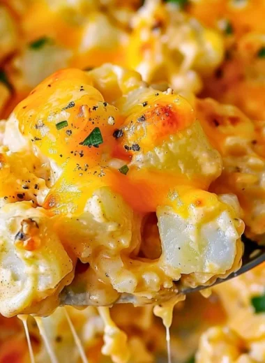 Delicious Crock Pot cheesy potatoes served hot and cheesy.