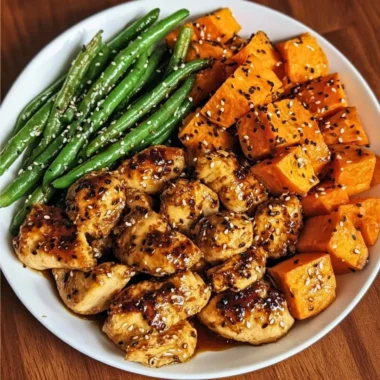 Honey garlic chicken served with sweet potatoes on a plate