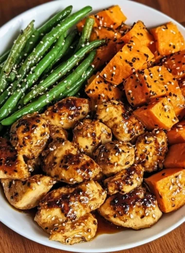 Honey garlic chicken served with sweet potatoes on a plate